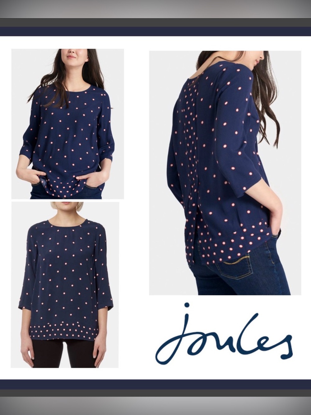 Joules Leah Woven Printed Top in French Navy/red/white polka dots Sz 10